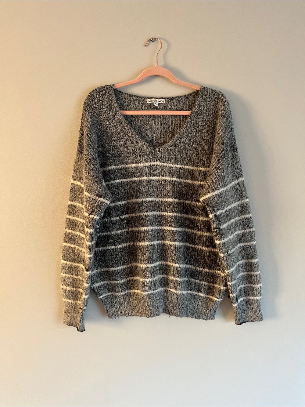 Michelle Mae Gray and White Striped V-Neck Sweater